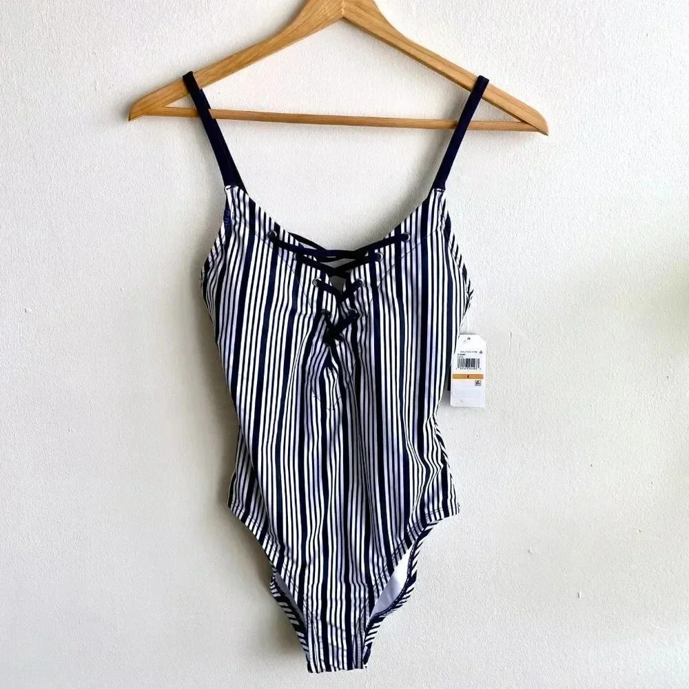 Nautica Dock Lines Lace Up One Piece Swimsuit Small